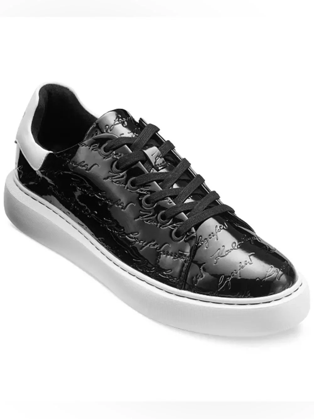 Karl Lagerfeld Black Patent Leather Sneaker with White Sole Size 11 Monochrome